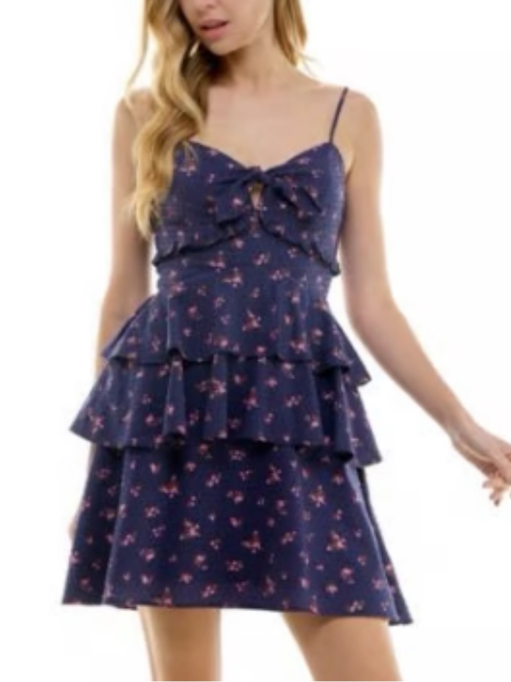 Altar'd State Navy with Pink Floral Ruffle Tiered Dress